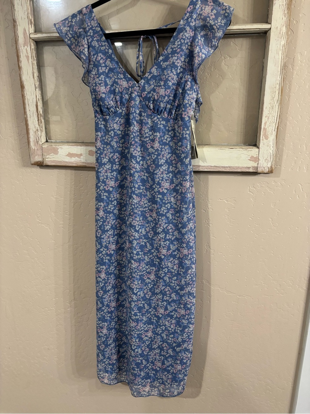 No Boundaries Blue Floral Midi Dress with Ruffle Sleeves